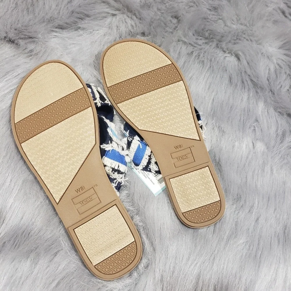 Toms Viv Navy‎ coupe denim slide blue fray crisscross straps slip on sandals NIB